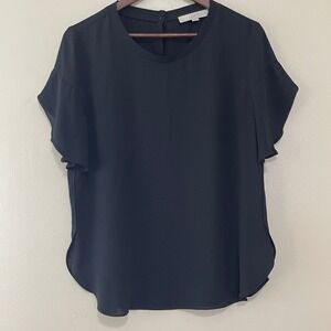 LOFT‎ Womens Black Flutter Sleeve Blouse Top Round Neck Business Casual Medium